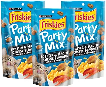 Purina Friskies Party Mix Cat Treats, Lobster & Mac ‘n’ Cheese Flavors, Crunchy & Tender Texture, Cat Treats or Cat Snack, 2.1 Ounce Pouch (Pack of 3)