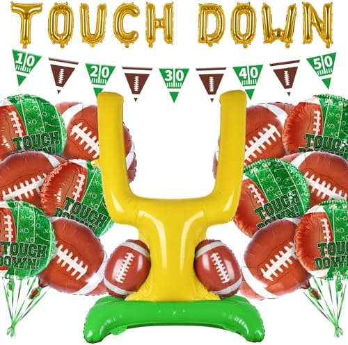 Football Party Supplies Kit - Touchdown Letter Balloons, Goal Post & Football Shaped Foil Balloons, Round 'Touchdown!' Foil Balloons, and Banner for Birthday, Game day, Tailgate Party Decorations