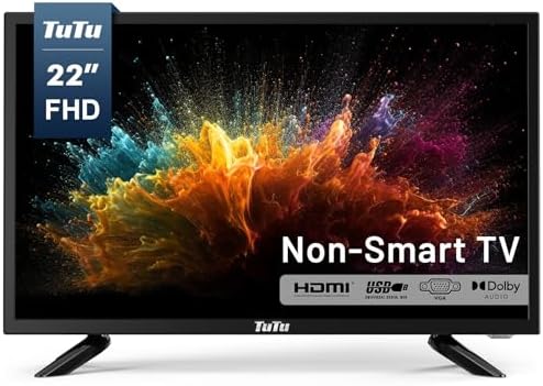 TuTu 22-inch LED TV, 1080P FHD Flat-Screen TV with Dolby Audio with HDMI, USB, VGA, RCA, Non-Smart TV or Monitor for Room, Kitchen, Office, or RV Camper