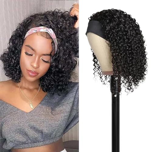 Deep Wave Headband Wig Virgin Hair Wigs 8 Inch None Lace Front Wigs for Black Women Headband Wig Curly Hair Wig Machine Made Wig Natural Color