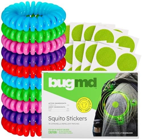 BugMD Mosquito Repellent Bundle: 78 Safe & Effective Squito Stickers and 10 DEET-Free Citronella Bracelets for Kids & Adults - Perfect for Camping, Beach, Hiking & Outdoor Adventures