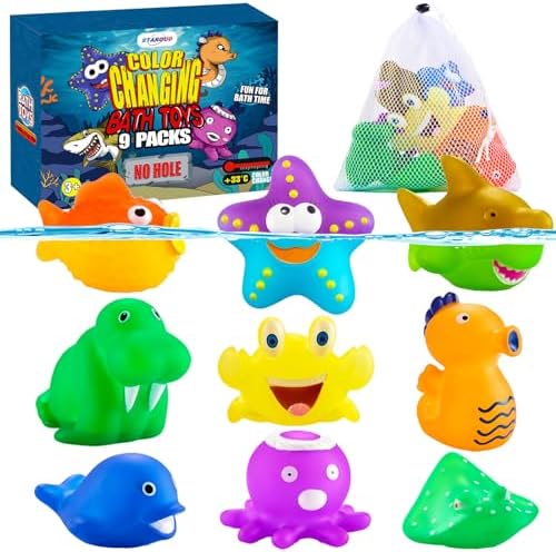 Color Changing No Hole Bath Toys for Kids Toddlers, Color Change Sea Creatures Ocean Animal Toys with Drying Bag(9 Pack), Baby Bath Toys Water Toys Floating Fish Toys