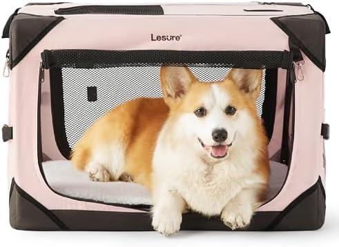 Lesure Collapsible Dog Crate - Portable Travel Kennel for Small Dog, 4-Door Pet Crate with Durable Mesh Windows, Indoor & Outdoor, Pink