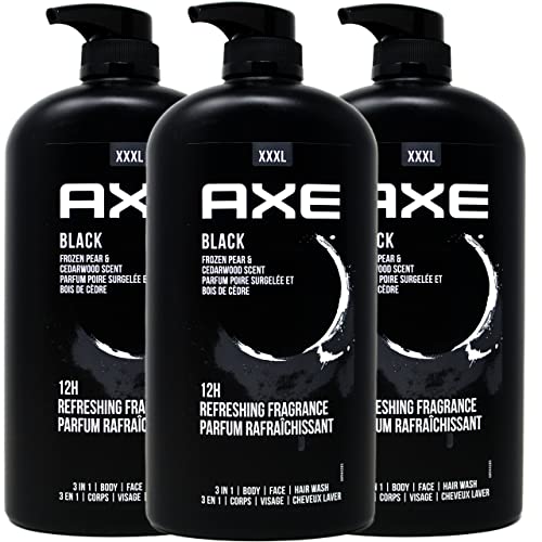 AXE 3 in 1 Body Face and Hair Wash for Men, 12 Hour Refreshing Fragrance, Black Frozen Pear and Cedarwood Scent, 33.8 Ounce Pump Bottle (Pack of 3)