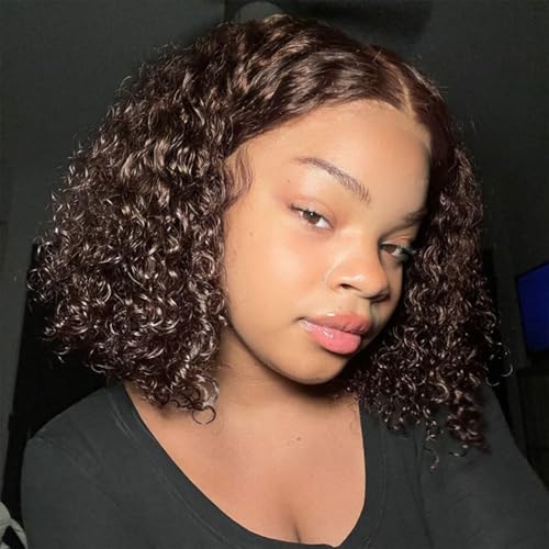Chocolate Brown Glueless Wigs Human Hair Pre Plucked Pre Cut 180% Density Closure Wigs Human Hair Bob Wig Curly Human Hair Wig Wear and Go Glueless Wig for Women 8 Inches