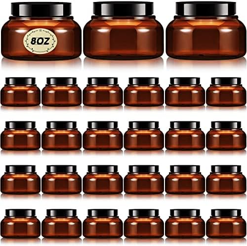 Tessco 24 Pack Plastic Jars with Lids Labels Plastic Containers Round Refillable Cosmetic Containers Empty Body Butter Jars Sugar Scrub Containers for Cosmetics (Brown,8 oz)