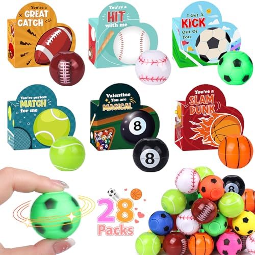 28 Pack Valentines Day Heart Boxes with Mini Fidget Spinners Sports Balls, Valentines Party Favors for Kids Classroom Exchange, School Games Prize Rewards