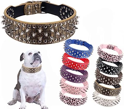 Hoot PU Leather Adjustable Spiked Studded Dog Collar 2" Wide 25 Spikes (XS(Neck 15"-18"), Golden)
