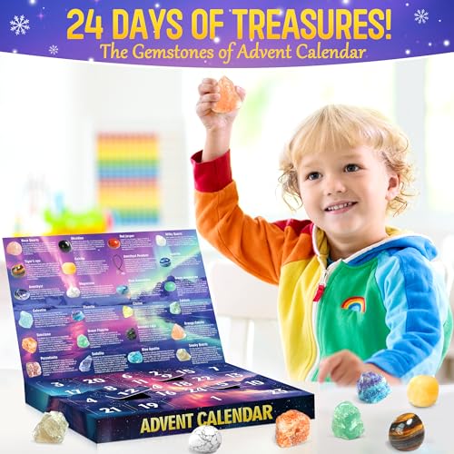 ZIZZ Advent Calendar 2024 Christmas - 24 Days Natural Rock Crystal Gemstone Christmas Countdown Calendar for Boys Girls Geology Stone Learning Collection Birthday Christmas Gift Toy for Kid Teen Adult