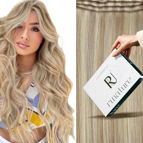RUNATURE Weft Hair Extensions Human Hair Blonde 14 Inch 100g Short Human Hair Weft Extensions Ash Blonde Mix Platinum Blonde Straight Double Weft Sew in Hair Extensions Real Human Hair Soft Hairpiece