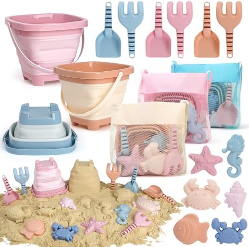 Dreamon Beach Toys Set for Kids 3-10, Collapsible Sand Buckets with Beach Molds and Mesh Bag, 3 Pack Shovels Set Sand Toys for Beach, Sandbox Travel Toys for Toddlers Kids