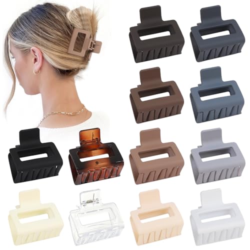 2 Inch Medium Hair Claw Clips 12 Pcs Square Hair Clips for Thin Hair Matte Nonslip Acrylic Banana Jaw Clips Bulk Hair Accessories for women and Girls - Neutral