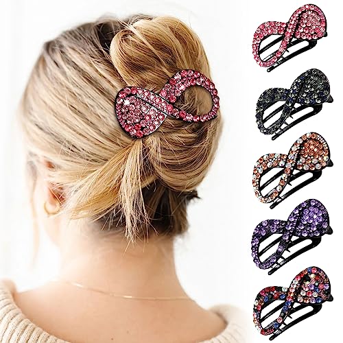 5PCS Rhinestone French Hair Clips for Women Thick Hair No Slip Curved Claw Clips Strong Hold Flat Hair Clip (Curved(Medium,3.54"))