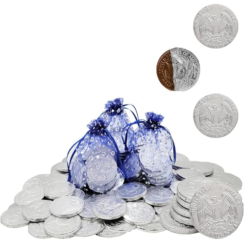 The Dreidel Company Milk Chocolate Coins in Hanukkah Gift Bag, Hanukkah Gelt, Made with Nut-Free Premium Belgian Chocolate, 15 Coins in each Bag (Silver Chocolate Coins, 3-Bags)