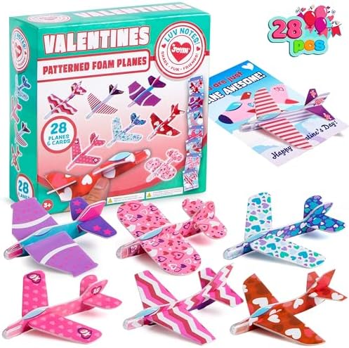 JOYIN 28 Valentines Day Foam Airplanes Greeting Cards with Valentine’s Punchline for Kids School Classroom Exchange Prizes Gift Supplies, Planes Party Favor