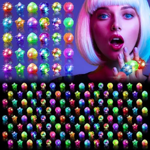 150 Pack LED Light Up Rings, Glow in the Dark Party Supplies, 6 Style Flashing Glow in the Dark Rings for Adults & Kids Birthday Party Favors,Classroom Prizes,Concert,Goodie Bag Fillers, Raves