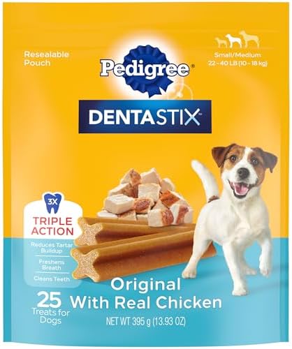 Pedigree Dentastix Small & Medium Breed Dog Treats, Original With Real Chicken, 13.93 oz. Bag (25 Treats)