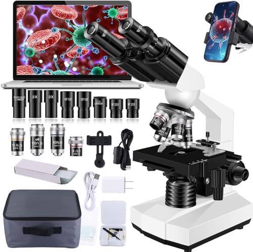 Microscope for Adults WF10x and WF25x eyepieces, 40X-2000X Magnification USB Camera, Microscope for Adults Suitable for Laboratory School (Large Model Binocular Electronic Eyepiece)