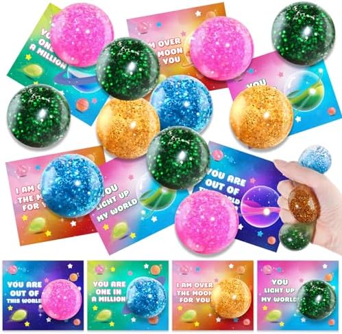 SpringFlower 24 Pack Valentines Day Cards For Kids With Stretchy Balls Toys, Kids Classroom Valentines Exchange Gifts, Valentines Party Favors For Kids, School Classroom Valentine's Prizes