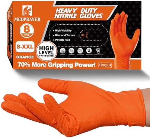 Industrial Nitrile Gloves – Heavy Duty Latex & Powder Free Disposable Gloves with Diamond Texture - 8 Mil (Orange)