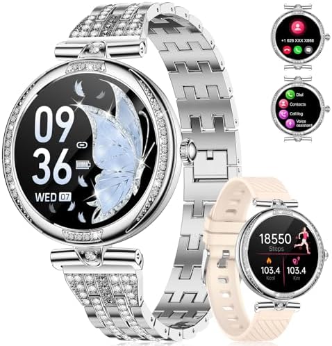 LIGE Smart Watches for Women (Answer/Make Call) with Diamonds，1.19” AMOLED Smartwatch with Sleep Monitor,Waterproof Fitness Tracker 113 Sport Modes Pedometer for Android iOS,Sliver