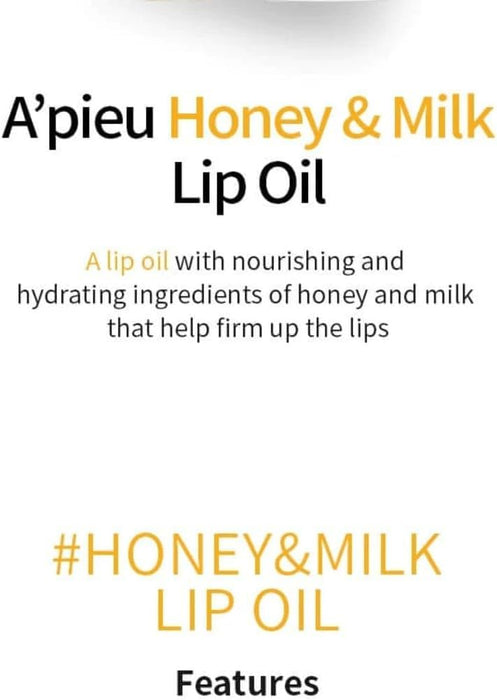 A'PIEU Honey & Milk Lip Oil Long-Lasting Moisture, Nourishing Extracts, Subtle Scent, Smooth Finish, Lightweight