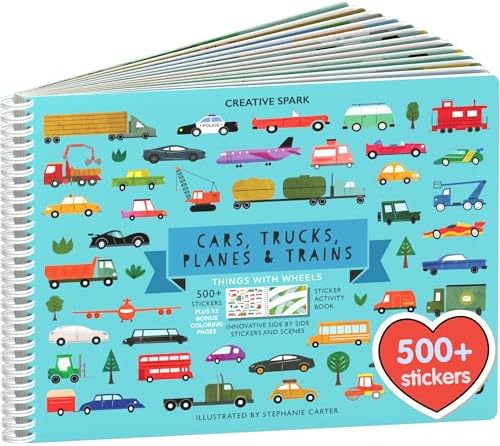 Sticker Book for Kids 2-4, 500+ Kids Stickers, Cars, Trucks, Planes & Trains 12 Coloring Pages 12 Side by Side Scenes, Fun Toddler Travel Activity Coloring and Sticker Books for Ages 4-8 + 8-10