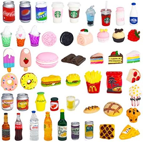 50 Pcs Miniature Food Drink Bottles Soda Pop Cans Pretend Play Kitchen Game Party Accessories Toys Hamburg Cake Ice Cream for 1/12 Doll House (25Food+25Drink)