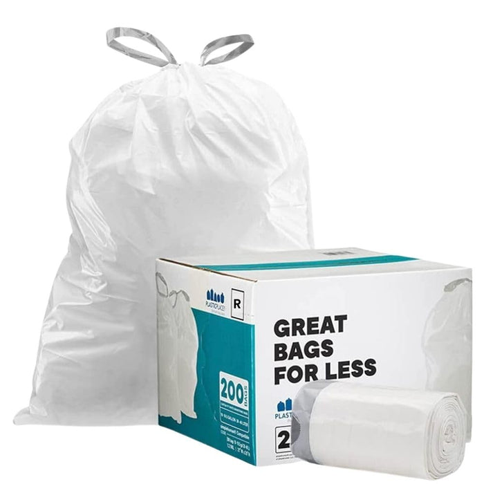 Plasticplace Custom Fit Trash Bags, Compatible with Simplehuman Code R (100 Count) White Drawstring Garbage Liners 2.6 Gallon/ 10 Liter 16.5" x 18"