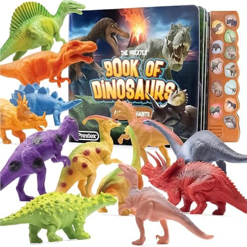 PREXTEX Dinosaur Toys for Kids 3-5 - 12 Dinosaur Figurines and Dinosaur Book for Kids with Sound - Realistic Toy Dinosaur Figures - Dino Toys with Sound Books for Kids