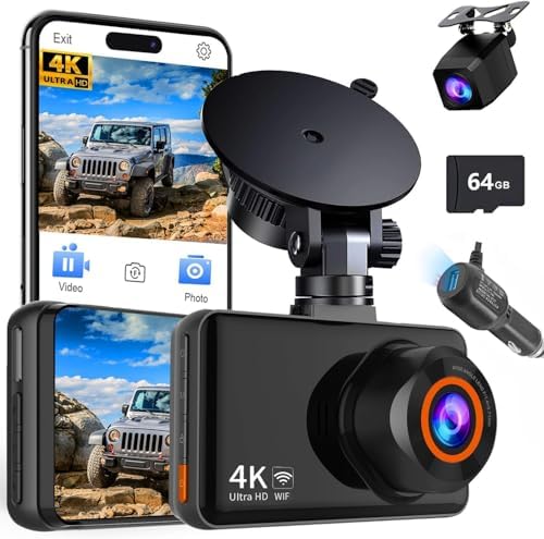 Dash Cam Front and Rear, 4K HD Dash Cam for Cars Built-in WiFi, Car Camera with Night Vision, 64GB Card, 170°Wide Angle, WDR, 3" IPS Screen, Loop Recording, G-Sensor, 24 Hours Parking Monitor