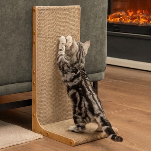 Cardboard Cat Scratcher,23 Inch L Shape Scratch Pad Wall Mounted,Vertical Scratching Board, Durable Cardboard to Protect Furniture for Indoor Cats,Light Wood Large