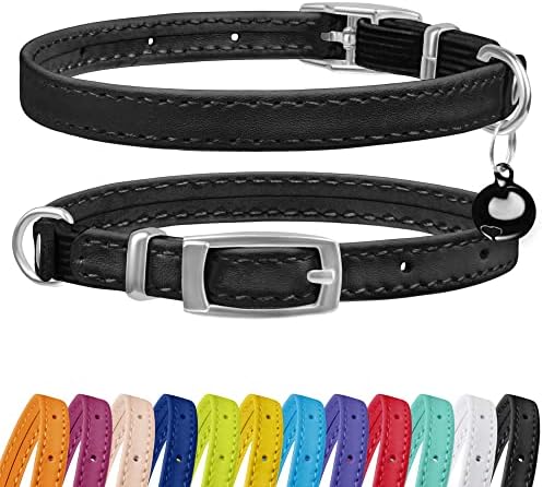 CollarDirect Leather Cat Collar with Bell - Kitten Collar, Small and Big Cat Collar for Boy Cats, Girl Cats with Safety Elastic Strap (Neck Fit 8"-11", Black)