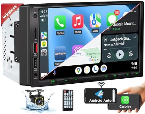 [DSP Inside] Wireless Double Din Car Stereo, Wireless Apple Carplay Android Auto, 7 Inch Touchscreen Radio with 240W Enhanced DSP Sound, FM/AM/Bluetooth Handsfree, HD Waterproof Backup Camera