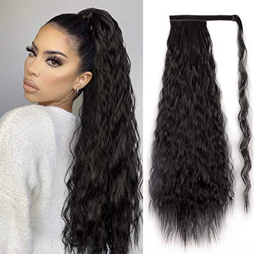 Stamped Glorious Long Corn Wave Ponytail Extension Magic Paste Heat Resistant Wavy Synthetic Wrap Around Ponytail Black Hairpiece for Women (26 Inch, 26 Inch-Brown)