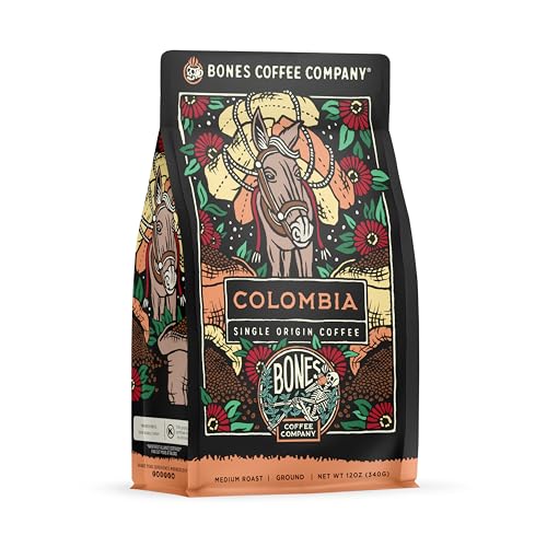 Bones Coffee Company Colombia Single-Origin Coffee Beans, Medium Roast Ground Coffee Gifts Low Acid Gourmet, Almonds, Dried Fruit, Vanilla Notes (12 oz)