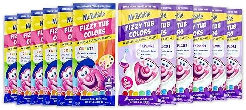 Mr. Bubble Fizzy Tub Colors Bath Water Coloring Tabelets, 6 Bright Colors, Red, Orange, Yellow, Purple, Blue and Green, Fragrance Free (12 Packets, 9 Tablets Each)