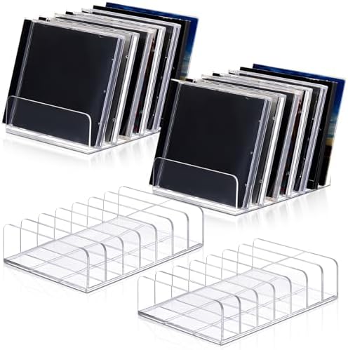 4 Pack Clear Acrylic Cd Holder, Dvd/cd Storage Box Record Display Rack Organizers Holds up to 14 Standard DVD Cases for Media Shelf Storage and Organization