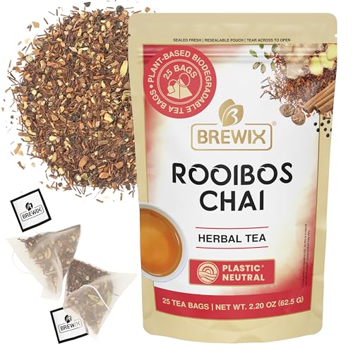 BREWIX, Rooibos Chai Tea Bags (25 Pyramid Tea Bags) Caffeine-Free, Herbal Tea, South African Red Tea | Rooibos, Cardamom, Cinnamon, Black Pepper, Nutmeg, Ginger & Clove