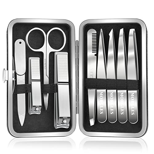 Tweezers and Nail Clipper Set with Case for Men Women, MORGLES 9 Pcs Professional Stainless Steel Tweezers No Gaps