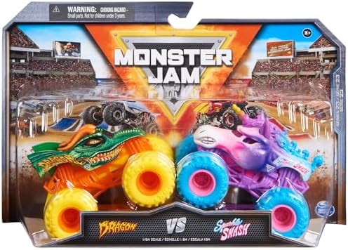 Monster Jam, Official Dragon Vs. Sparkle Smash Die-Cast Monster Trucks, 1:64 Scale, Kids Toys for Boys Ages 3 and up