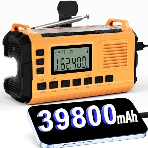 Emergency Weather Radio - AM/FM/NOAA Hand Crank Radio with 15W Fast Charge, 39800mAh Solar Power Bank, Multi-Function Flashlight & SOS Alarm for Outdoor Indoor Emergencies (Orange)