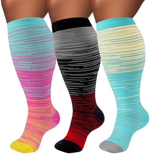 Plus Size Compression Socks for Women & Men 3 Pairs, Wide Calf Extra Large 20-30 mmHg Knee High Support Socks for Travel, Running, Nurse