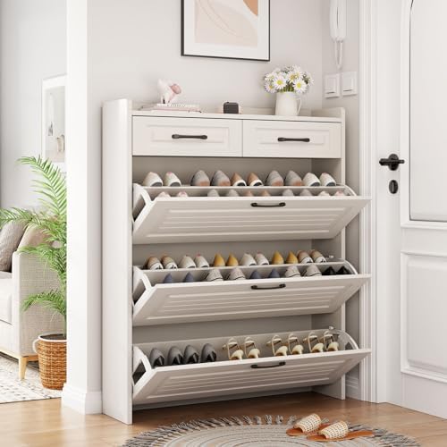 Shoe Cabinet for Entryway,White Shoe Storage Cabinet with 3 Doors 2 Drawers, Slim Flip Down Shoe Rack 3 Tier Shoe Organizer for Hallway, Living Room,Home and Apartment