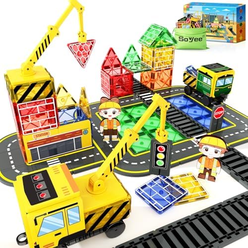 Magnetic Tiles Magnetic Construction Set with 2 Cranes Boys Toys for Ages 3-5 5-7 8-10 Building Toys Includes Crane, Road Tracks, Train, Train Tracks, Dolls, Car Toy, Traffic Lights and Stations