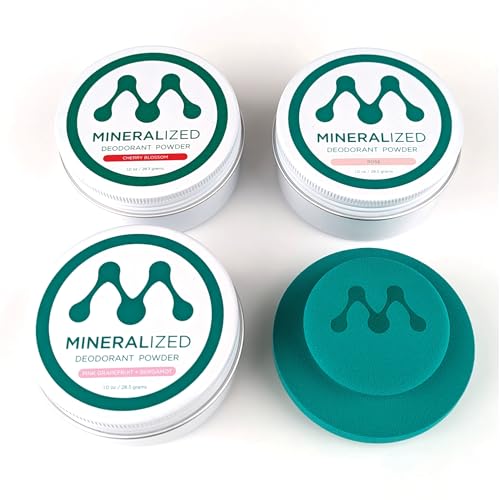 Mineralized Magnesium Deodorant Powder | Non Toxic Deodorant - Aluminum Free, Baking Soda Free | Whole Body Deodorant Women & Men, Body Powder, Mineral Deodorant, 3-Samples, Cherry, Rose, Grapefruit
