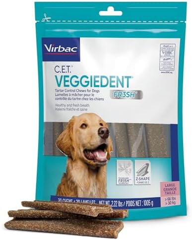 Virbac CET Veggiedent FR3SH Tartar Control Chews for Large Dogs Over 66 Pounds, Plant-Based Formula, 30 Count Bag