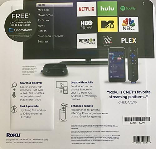 Roku 3 Streaming Media Player (4230R) With Voice Search (2015 model) Bundled with HDMI Cable and 3 HD Movie Rentals with CinemaNow