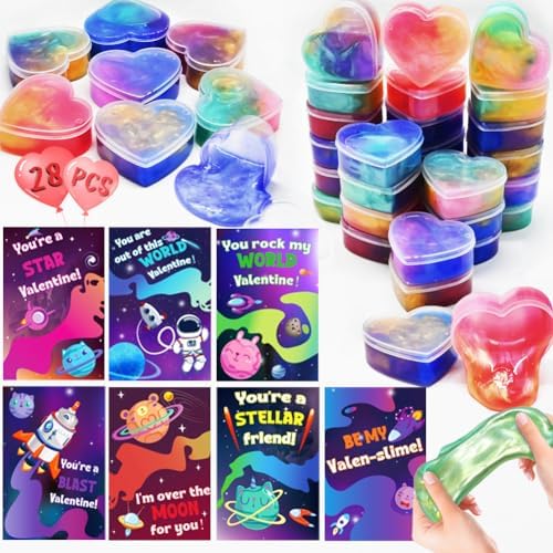 DINESIL 28 Packs Valentines Galaxy Slime with Valentines Cards, Valentines Space Slime Hearts for Kids Valentine Classroom Exchange, School Game Prizes, Valentines Party Favors