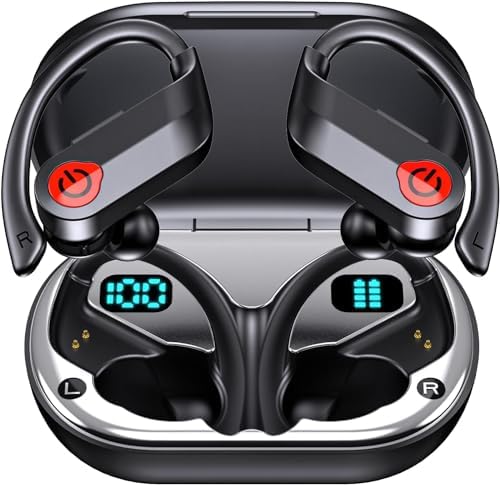 EUQQ Wireless Earbuds Bluetooth Headphones Sports Over-Ear Bluetooth 5.3 Ear Buds with Earhooks 120H Playtime Wireless Headphones for Workout Waterproof Bluetooth LED Power Display, Black